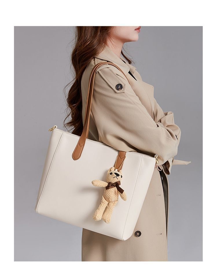 Womens Faux Leather Large Capacity Handbag with Teddy Bear Charm